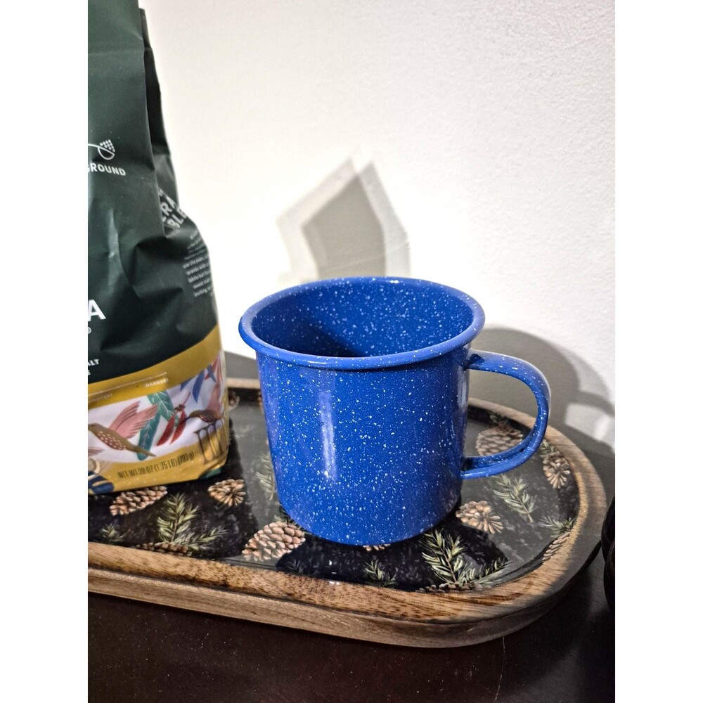 Blue White Speckled Enamel Metal Camping Coffee Mug 12 fl oz Classic Round